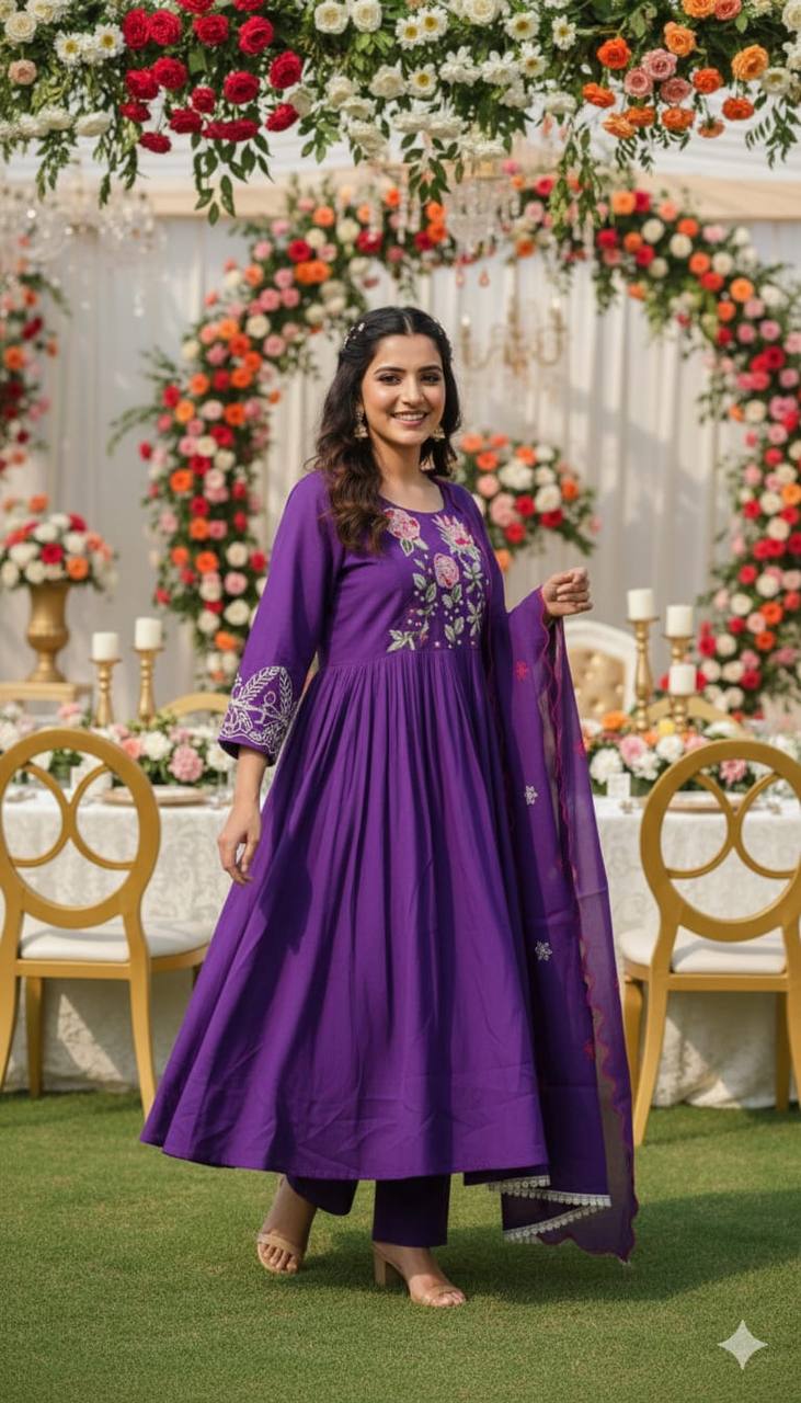 Heavy Mul Chanderi Silk Anarkali Suit Set – Resham Dhaga & Beads Embroidery