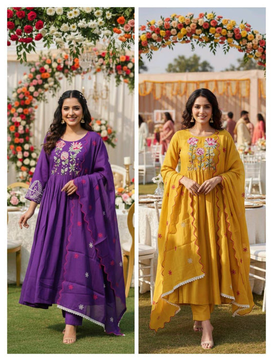 Heavy Mul Chanderi Silk Anarkali Suit Set – Resham Dhaga & Beads Embroidery