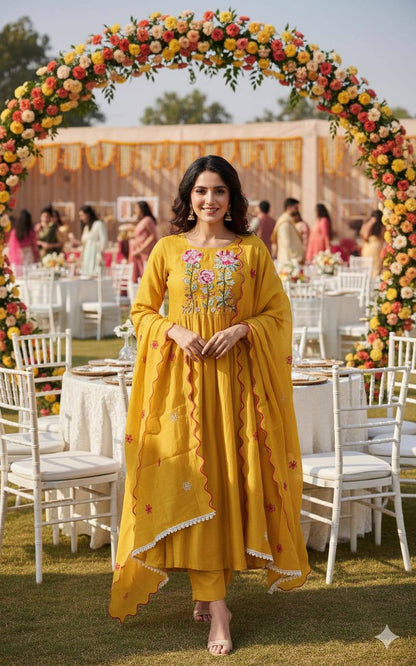 Heavy Mul Chanderi Silk Anarkali Suit Set – Resham Dhaga & Beads Embroidery