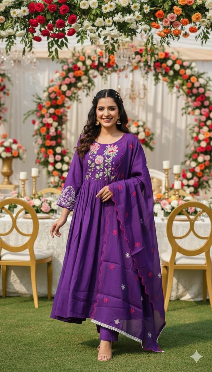 Heavy Mul Chanderi Silk Anarkali Suit Set – Resham Dhaga & Beads Embroidery