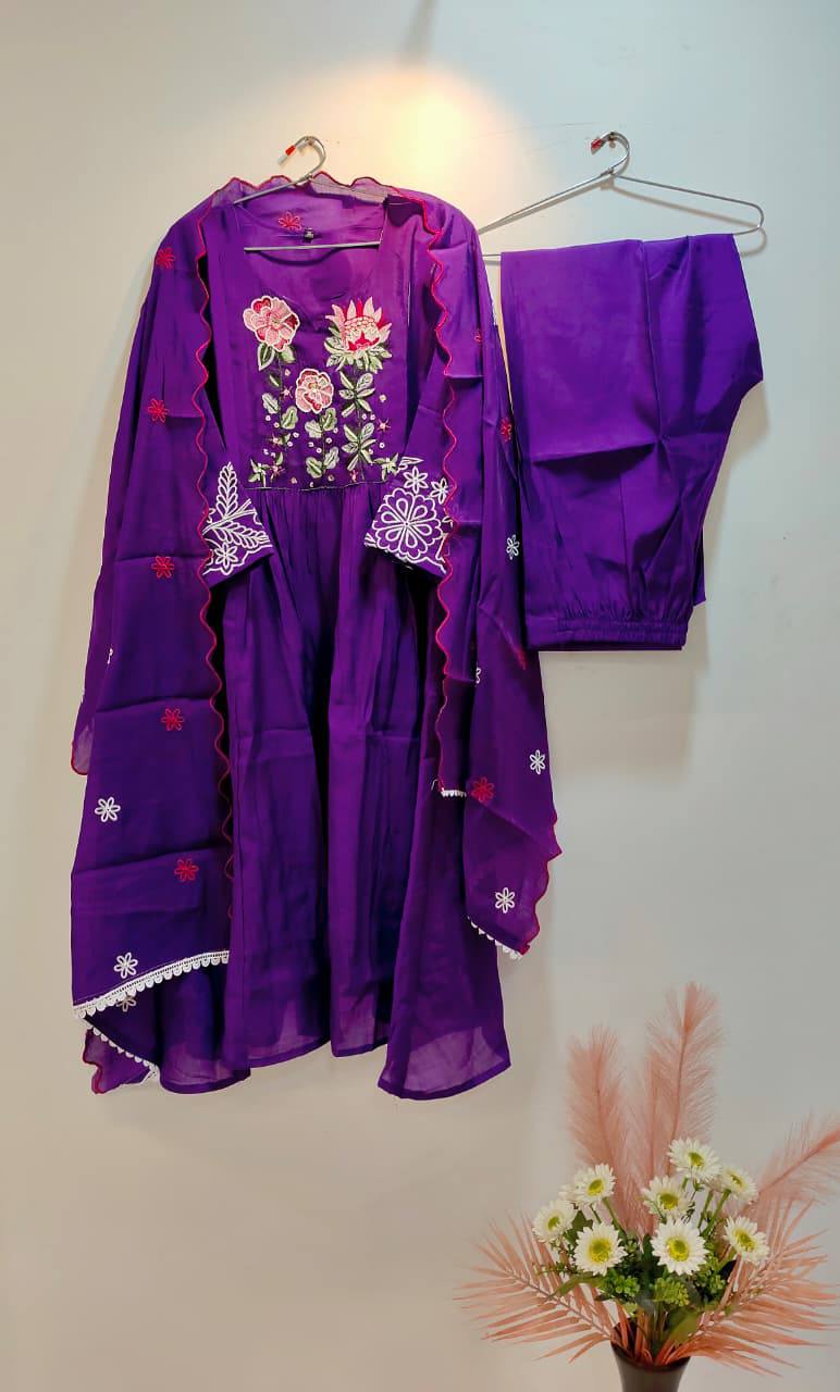 Heavy Mul Chanderi Silk Anarkali Suit Set – Resham Dhaga & Beads Embroidery