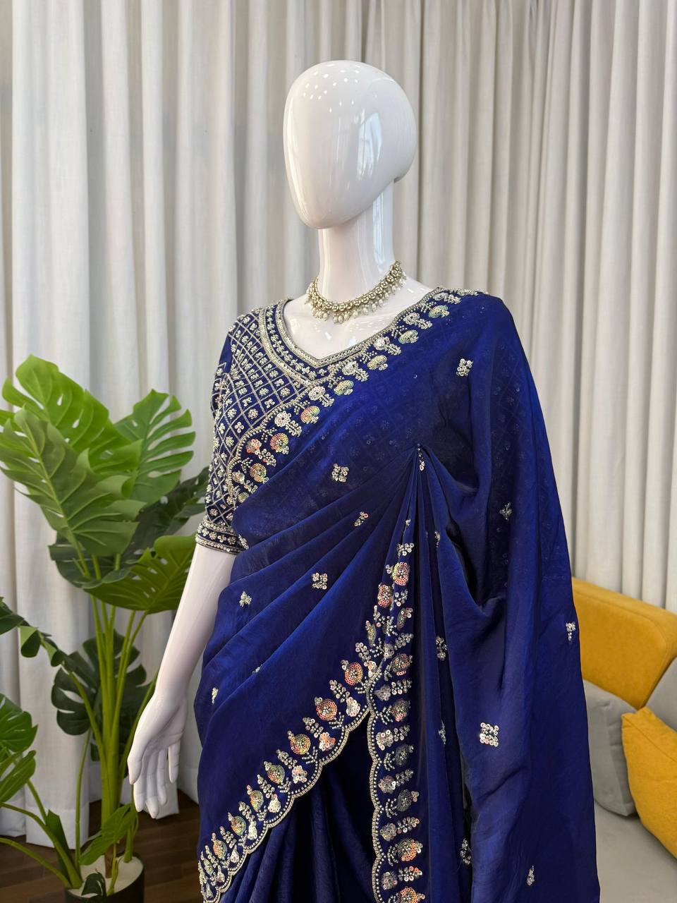 Designer Fendy Silk Saree – Heavy Beads Work with Thread & Sequins