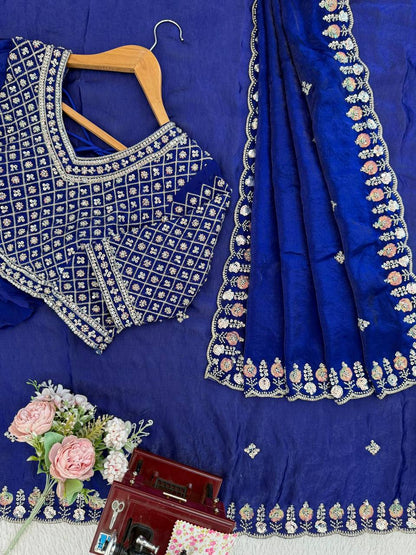 Designer Fendy Silk Saree – Heavy Beads Work with Thread & Sequins