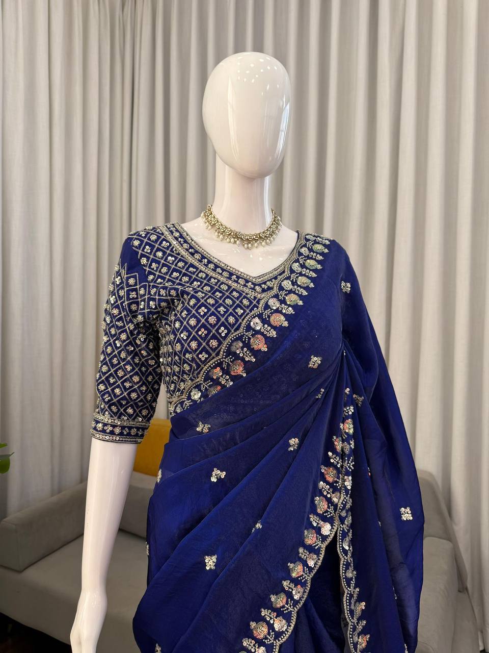 Designer Fendy Silk Saree – Heavy Beads Work with Thread & Sequins