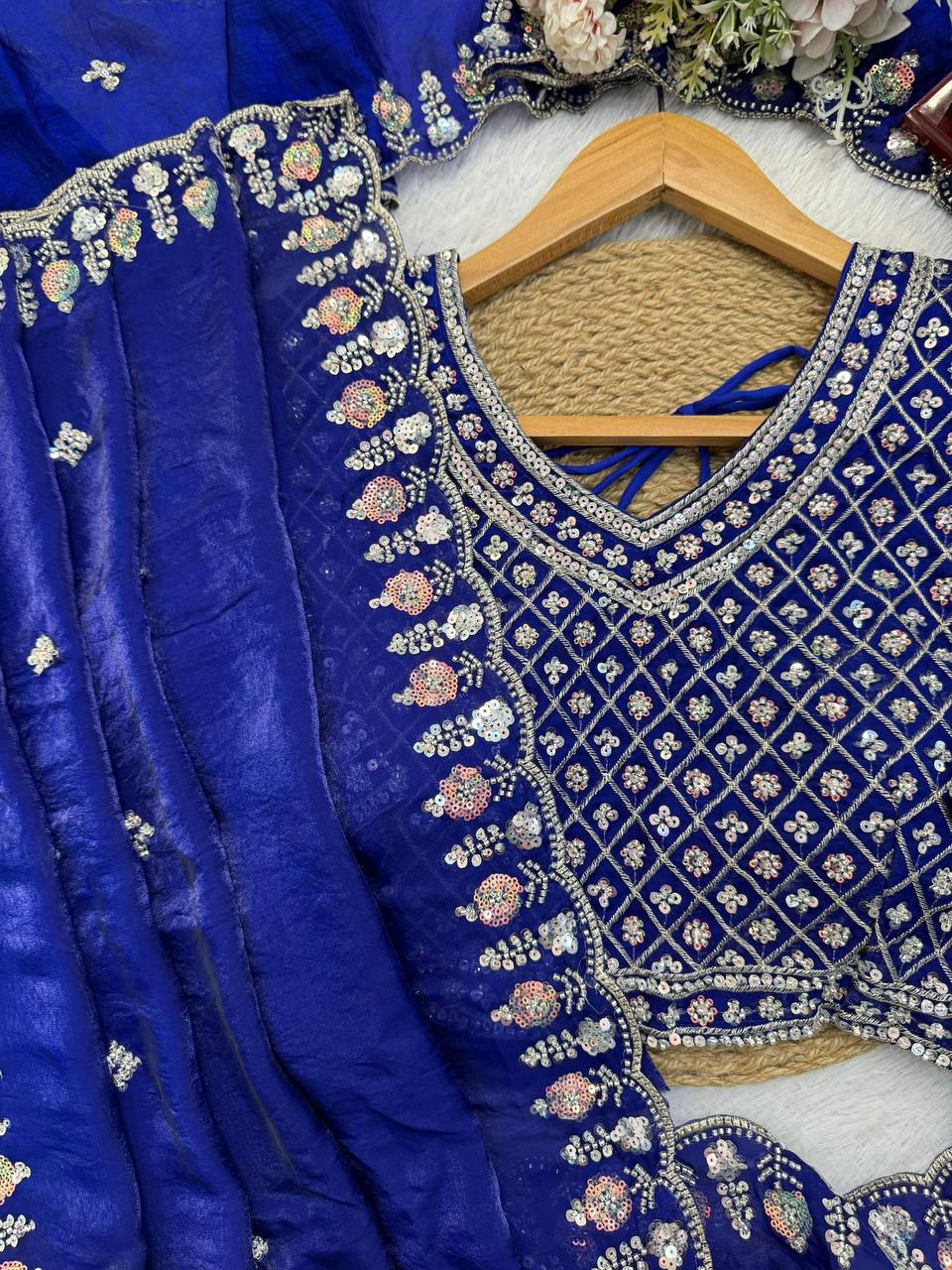 Designer Fendy Silk Saree – Heavy Beads Work with Thread & Sequins