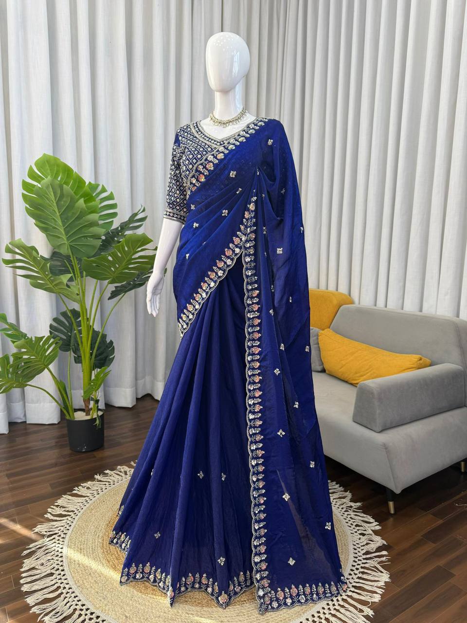 Designer Fendy Silk Saree – Heavy Beads Work with Thread & Sequins
