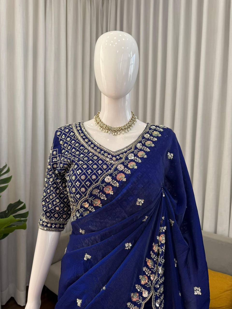 Designer Fendy Silk Saree – Heavy Beads Work with Thread & Sequins