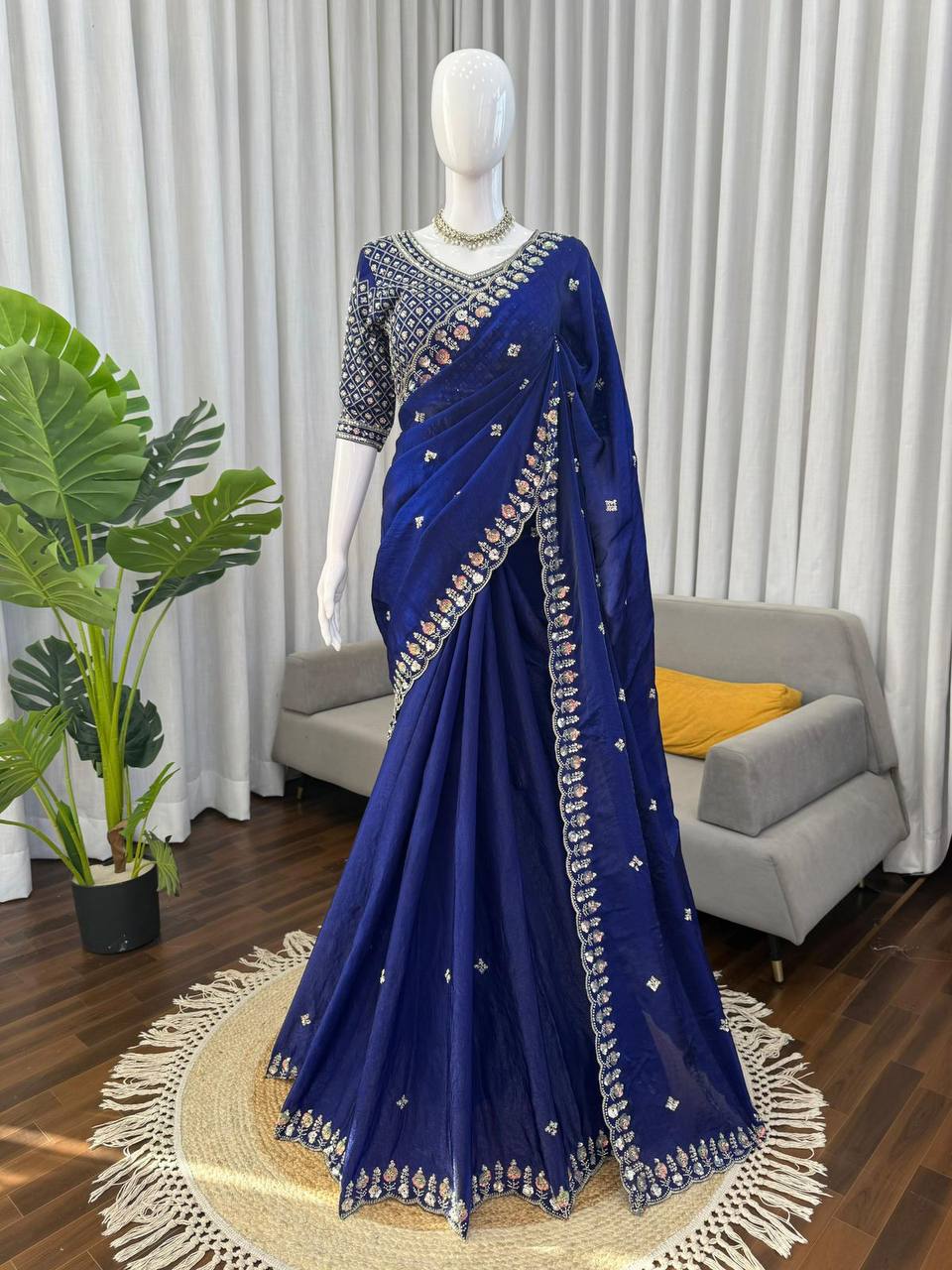 Designer Fendy Silk Saree – Heavy Beads Work with Thread & Sequins