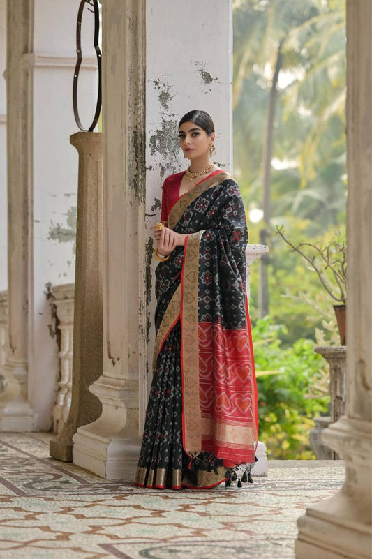 IKKAT Raw Silk Saree – Pochampally Weaving with Resham Jal, Zari Border, Traditional Pallu & Contrast Blouse