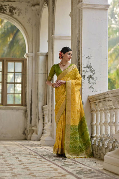 IKKAT Raw Silk Saree – Pochampally Weaving with Resham Jal, Zari Border, Traditional Pallu & Contrast Blouse