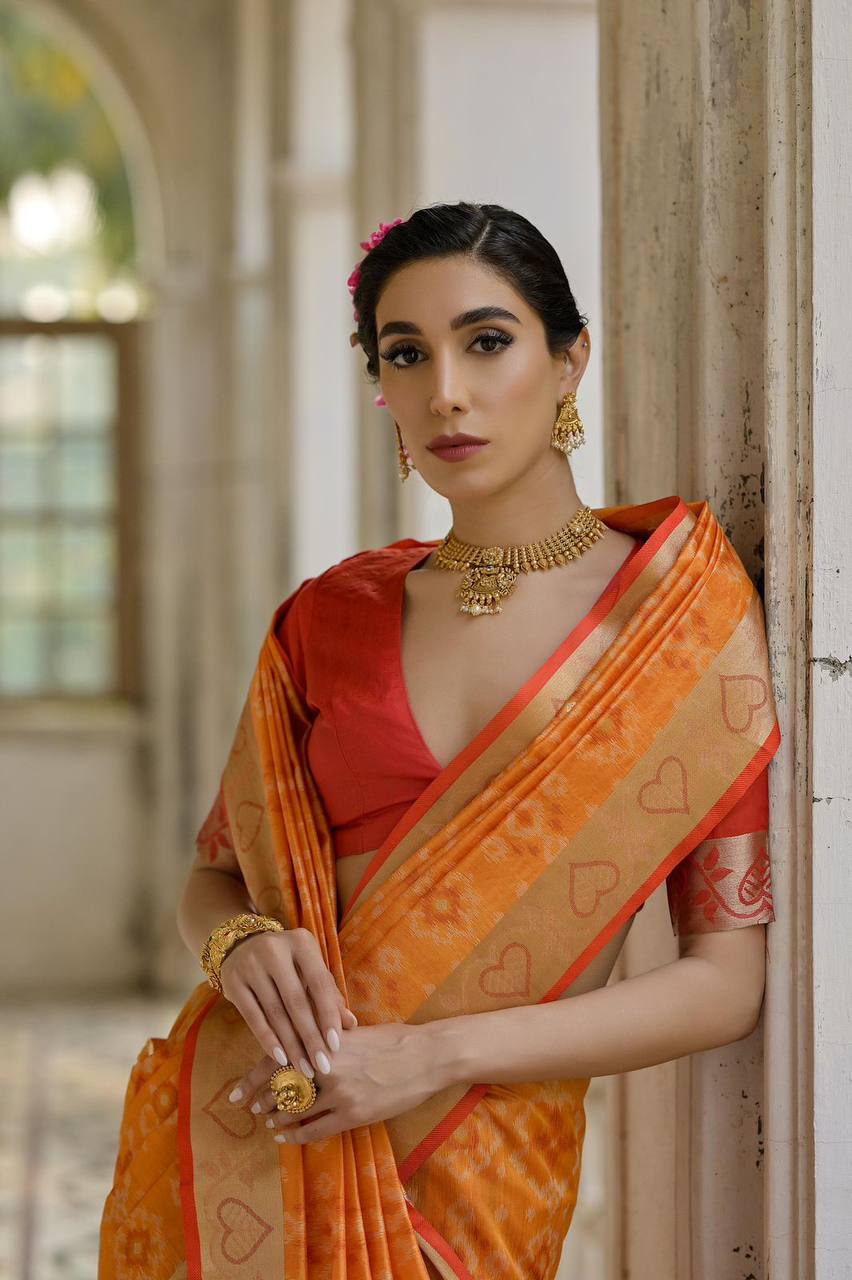 IKKAT Raw Silk Saree – Pochampally Weaving with Resham Jal, Zari Border, Traditional Pallu & Contrast Blouse