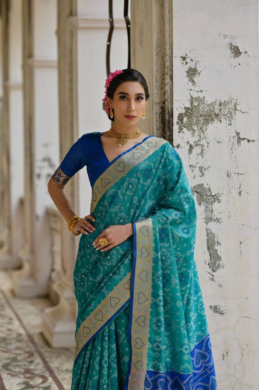 IKKAT Raw Silk Saree – Pochampally Weaving with Resham Jal, Zari Border, Traditional Pallu & Contrast Blouse