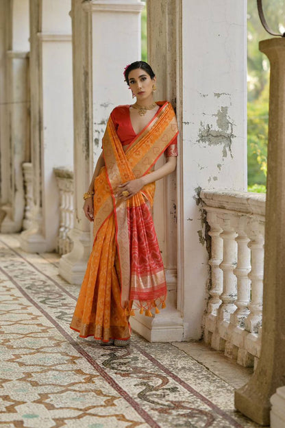 IKKAT Raw Silk Saree – Pochampally Weaving with Resham Jal, Zari Border, Traditional Pallu & Contrast Blouse