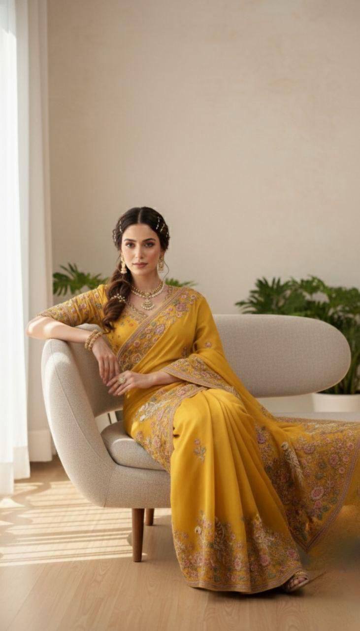 Haldi Special Moss Chiffon Saree – C‑Pallu Embroidery Butti