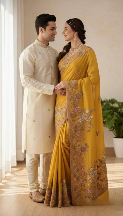 Haldi Special Moss Chiffon Saree – C‑Pallu Embroidery Butti