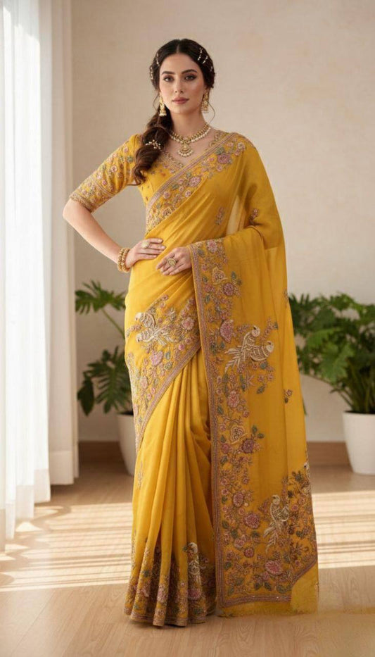 Haldi Special Moss Chiffon Saree – C‑Pallu Embroidery Butti