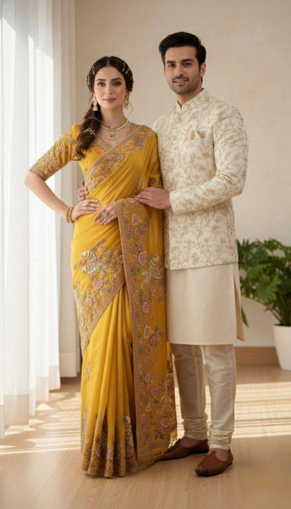 Haldi Special Moss Chiffon Saree – C‑Pallu Embroidery Butti