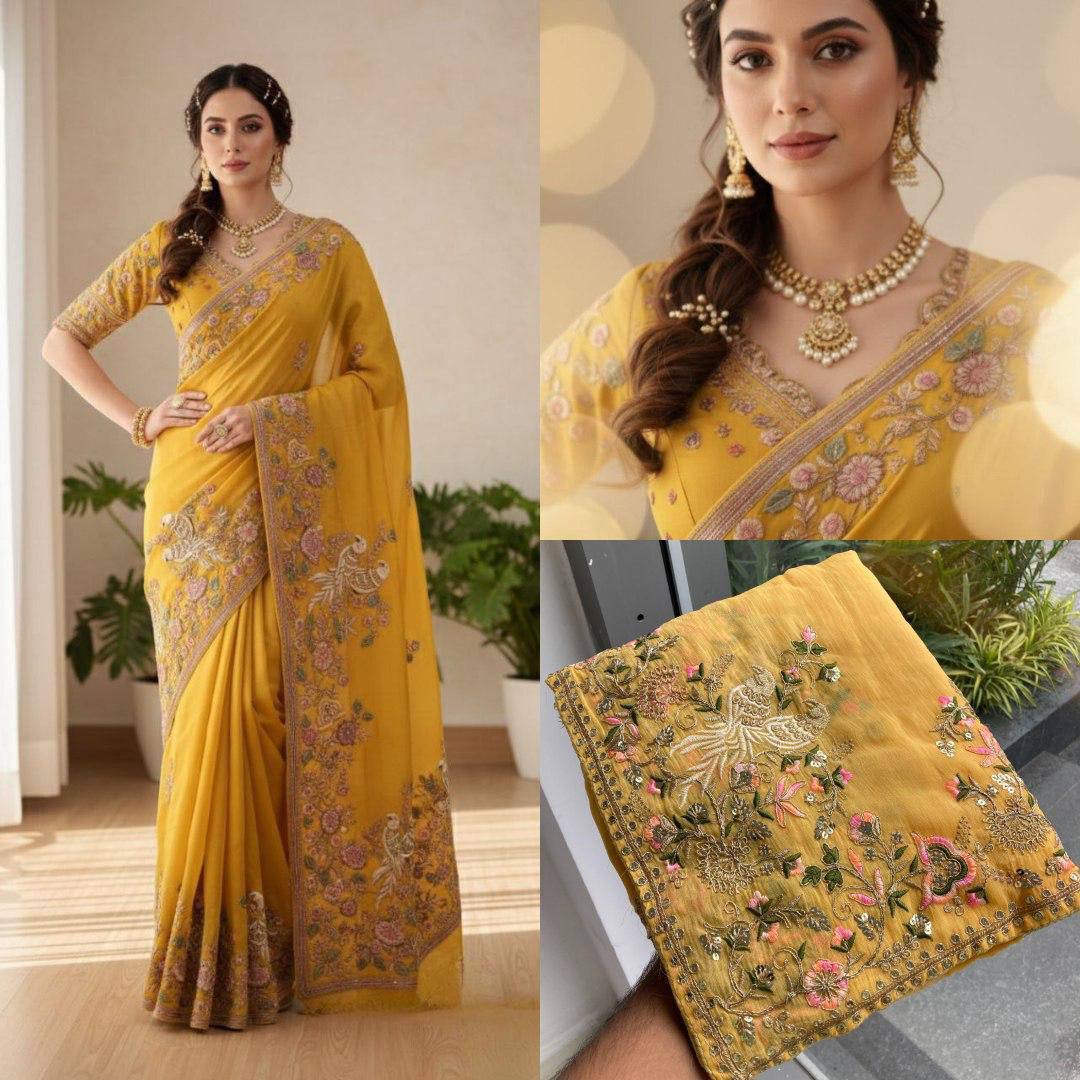 Haldi Special Moss Chiffon Saree – C‑Pallu Embroidery Butti