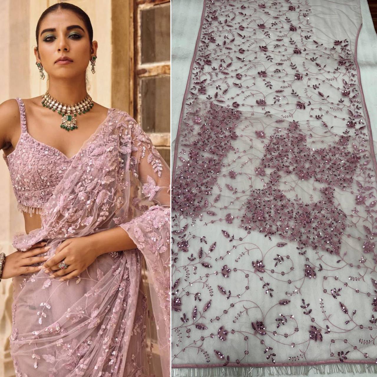 Bollywood Blockbuster Net Saree – Heavy Mono Net with 5MM Multi Sequins Embroidery