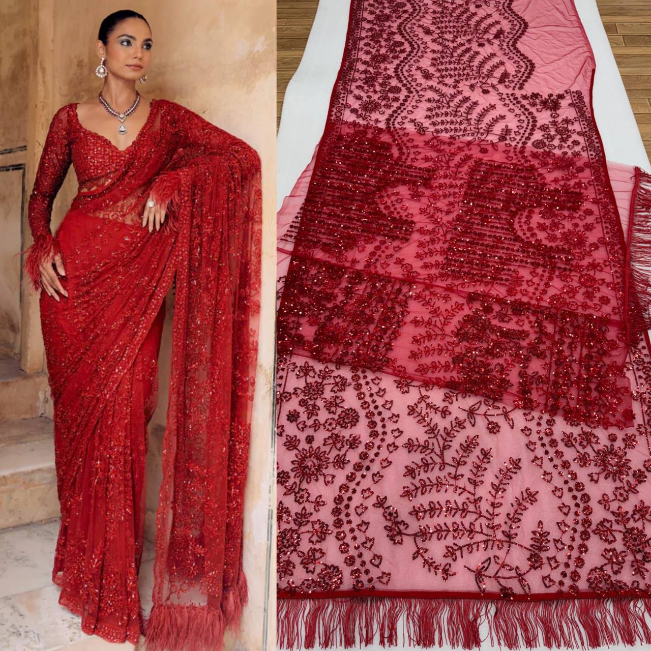 Bollywood Blockbuster Net Saree – Heavy Mono Net with 5MM Multi Sequins Embroidery