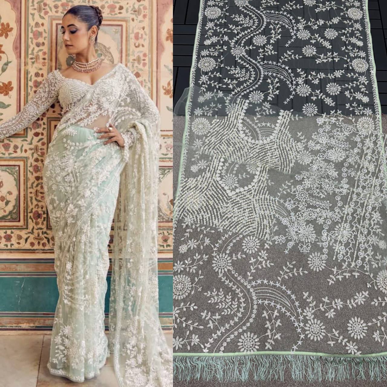 Bollywood Blockbuster Net Saree – Heavy Mono Net with 5MM Multi Sequins Embroidery