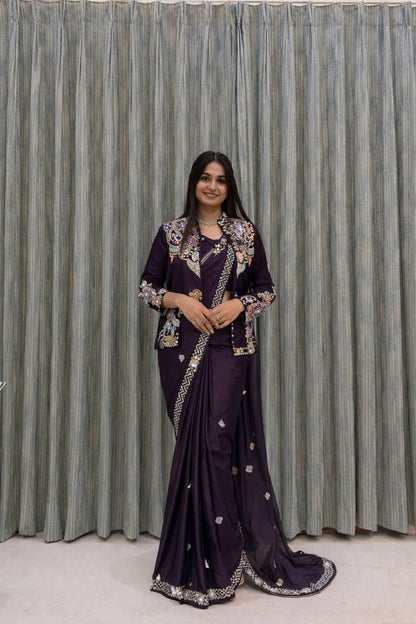 Party Wear Crepe Satin Saree with Embroidery Work – Ready‑to‑Wear Saree, Blouse & Jacket