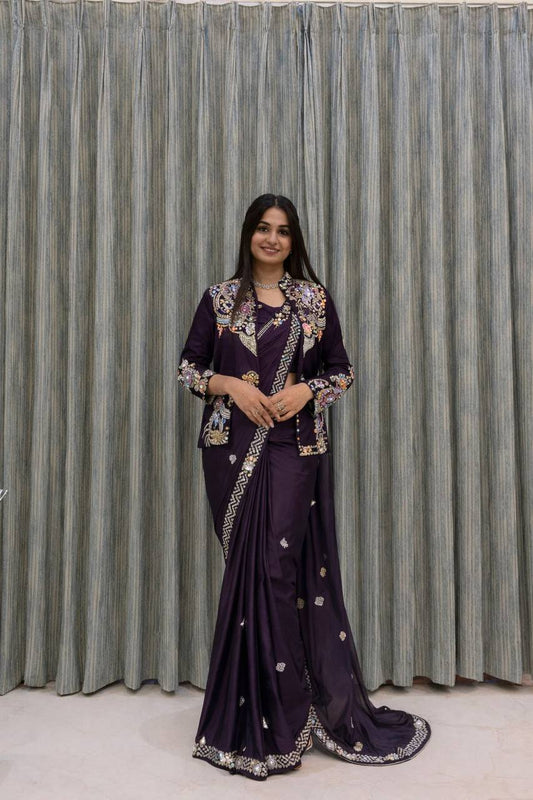 Party Wear Crepe Satin Saree with Embroidery Work – Ready‑to‑Wear Saree, Blouse & Jacket