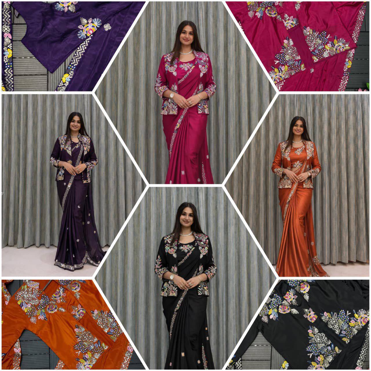 Party Wear Crepe Satin Saree with Embroidery Work – Ready‑to‑Wear Saree, Blouse & Jacket
