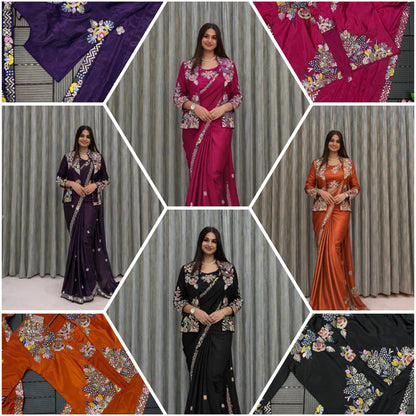Party Wear Crepe Satin Saree with Embroidery Work – Ready‑to‑Wear Saree, Blouse & Jacket