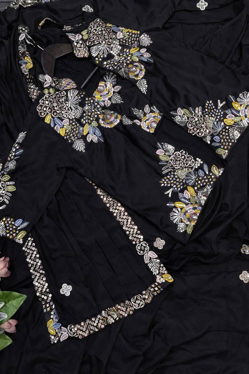 Party Wear Crepe Satin Saree with Embroidery Work – Ready‑to‑Wear Saree, Blouse & Jacket