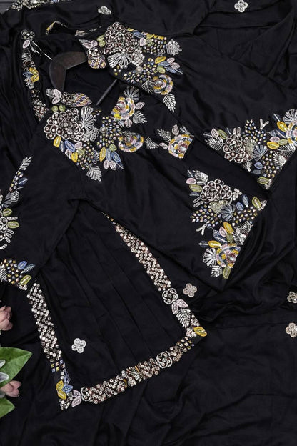 Party Wear Crepe Satin Saree with Embroidery Work – Ready‑to‑Wear Saree, Blouse & Jacket