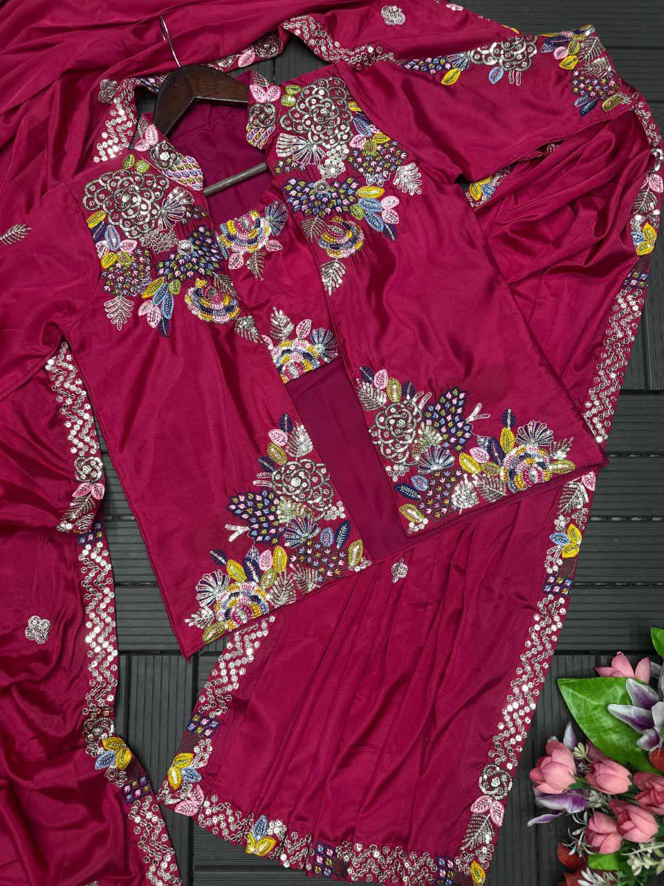 Party Wear Crepe Satin Saree with Embroidery Work – Ready‑to‑Wear Saree, Blouse & Jacket