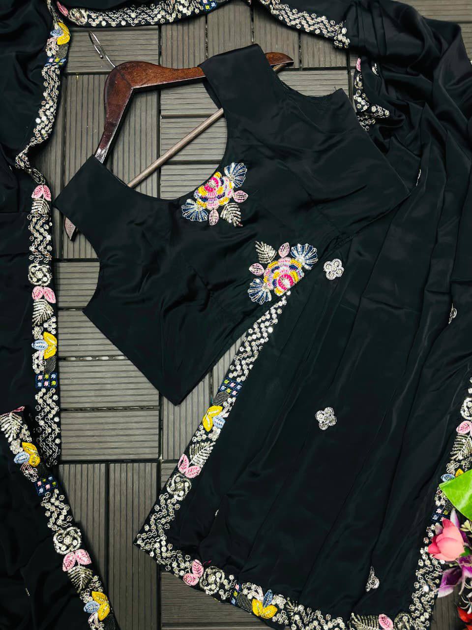 Party Wear Crepe Satin Saree with Embroidery Work – Ready‑to‑Wear Saree, Blouse & Jacket