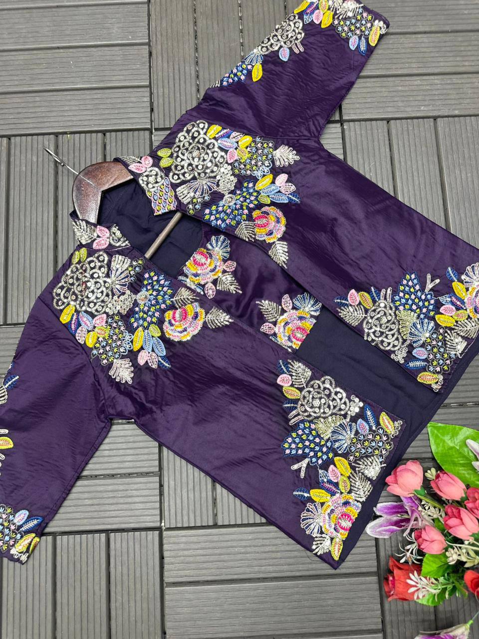 Party Wear Crepe Satin Saree with Embroidery Work – Ready‑to‑Wear Saree, Blouse & Jacket