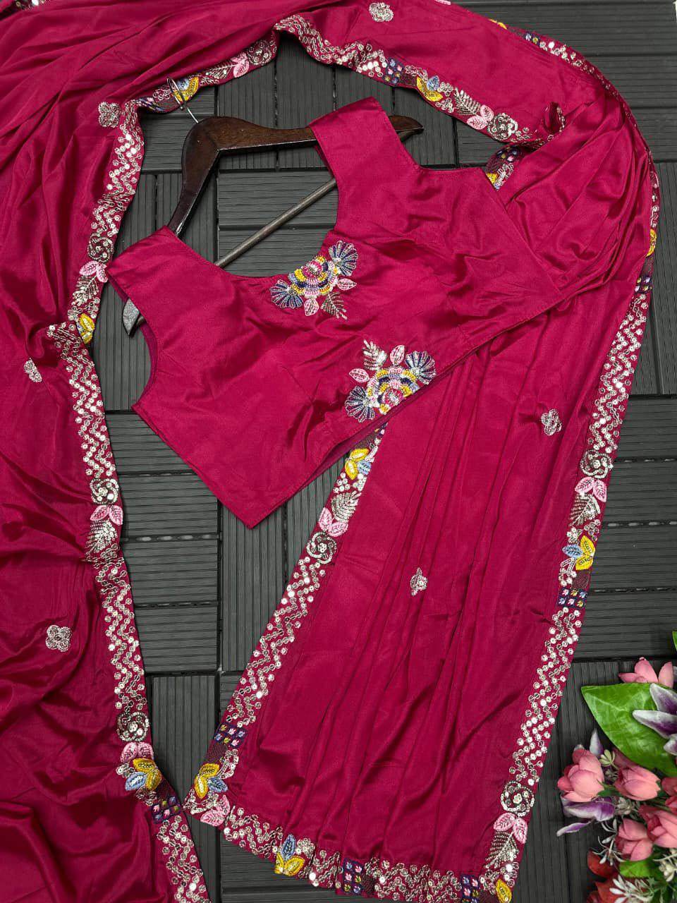 Party Wear Crepe Satin Saree with Embroidery Work – Ready‑to‑Wear Saree, Blouse & Jacket