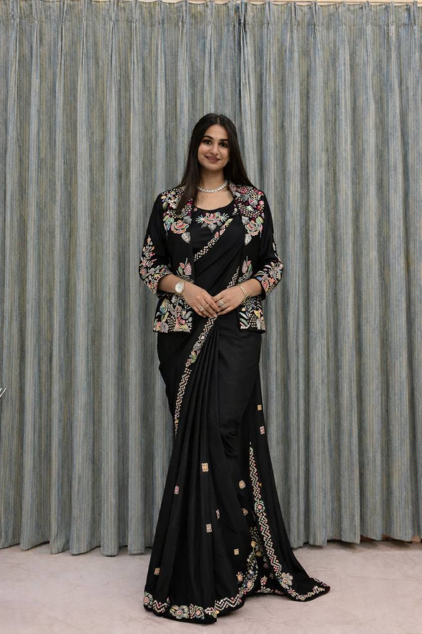 Party Wear Crepe Satin Saree with Embroidery Work – Ready‑to‑Wear Saree, Blouse & Jacket