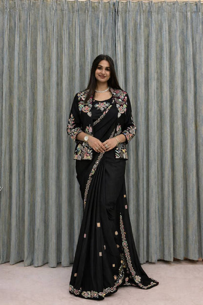 Party Wear Crepe Satin Saree with Embroidery Work – Ready‑to‑Wear Saree, Blouse & Jacket
