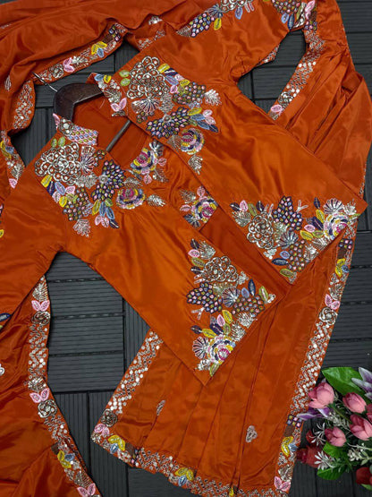 Party Wear Crepe Satin Saree with Embroidery Work – Ready‑to‑Wear Saree, Blouse & Jacket