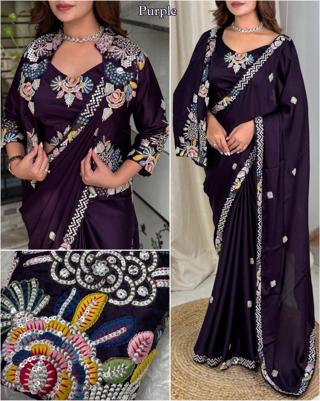 Party Wear Crepe Satin Saree with Embroidery Work – Ready‑to‑Wear Saree, Blouse & Jacket