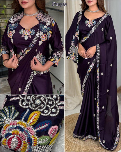 Party Wear Crepe Satin Saree with Embroidery Work – Ready‑to‑Wear Saree, Blouse & Jacket