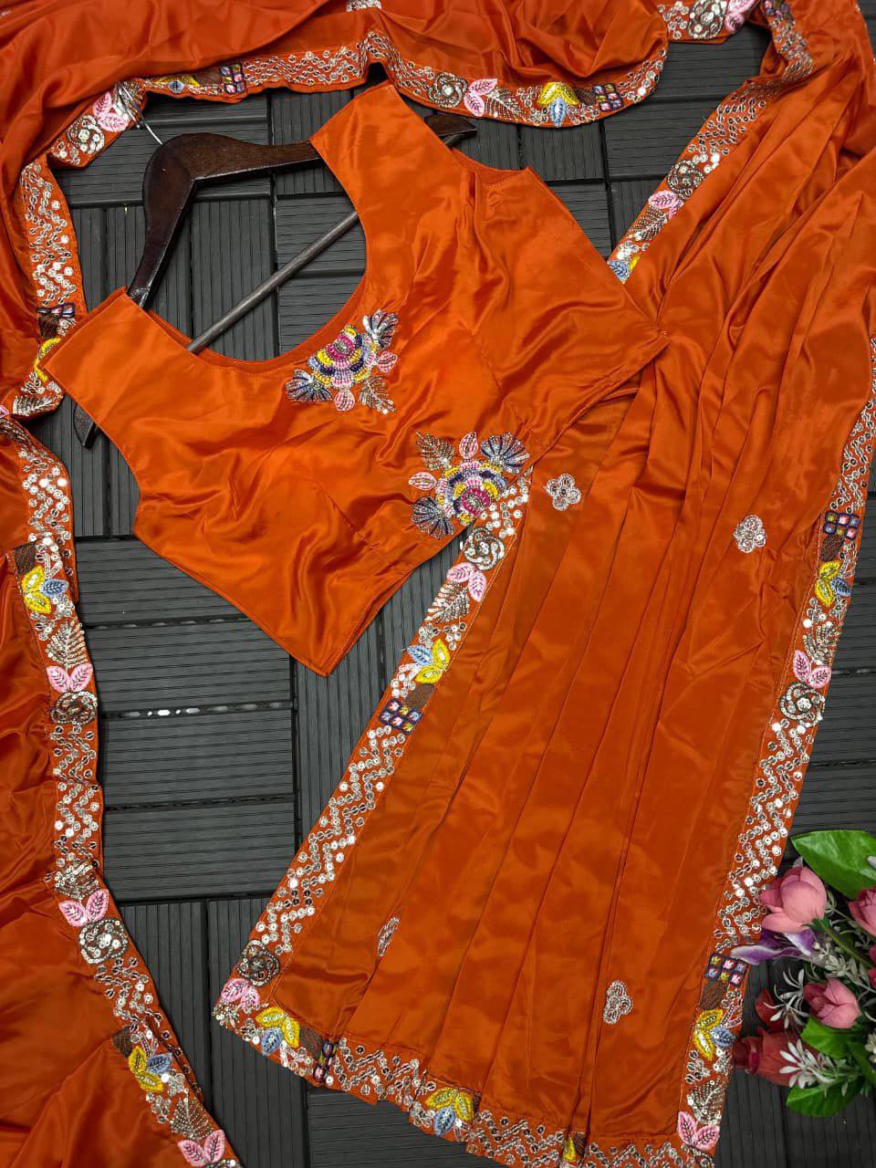 Party Wear Crepe Satin Saree with Embroidery Work – Ready‑to‑Wear Saree, Blouse & Jacket