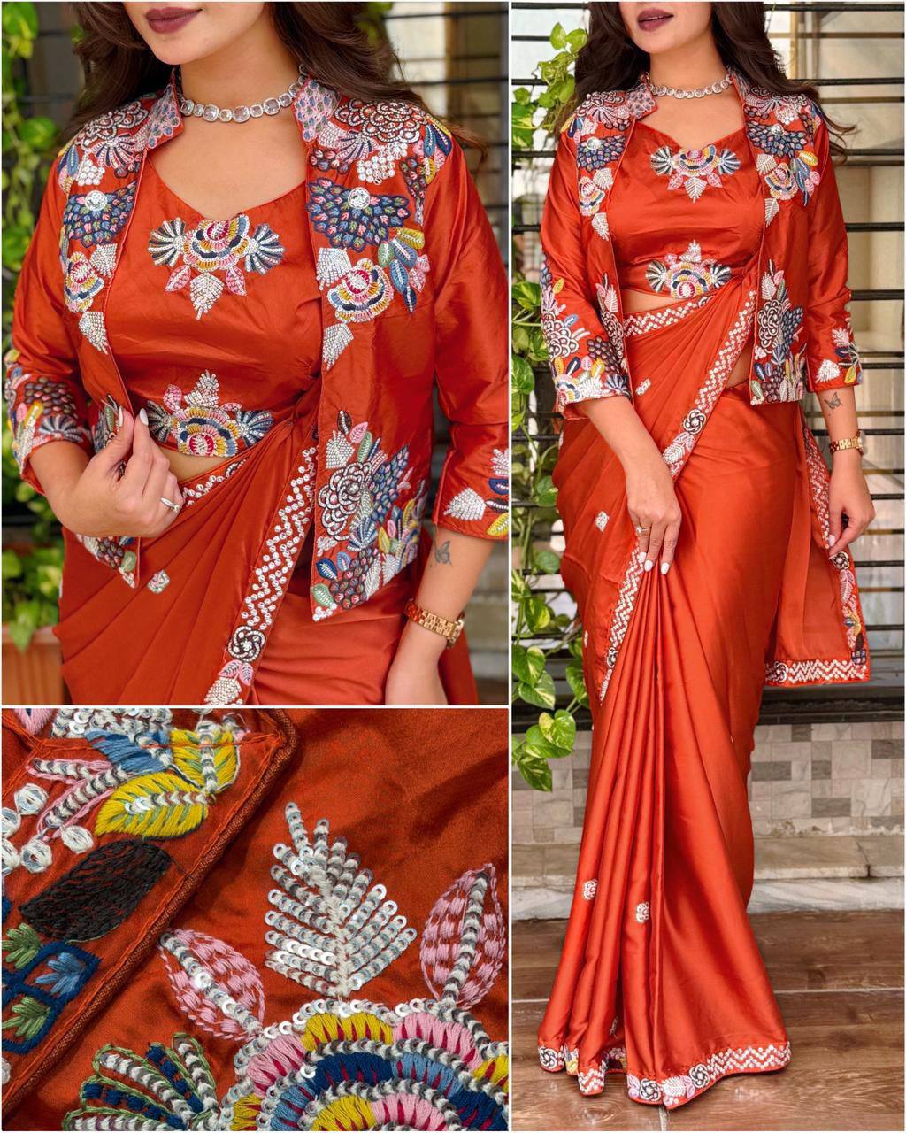 Party Wear Crepe Satin Saree with Embroidery Work – Ready‑to‑Wear Saree, Blouse & Jacket