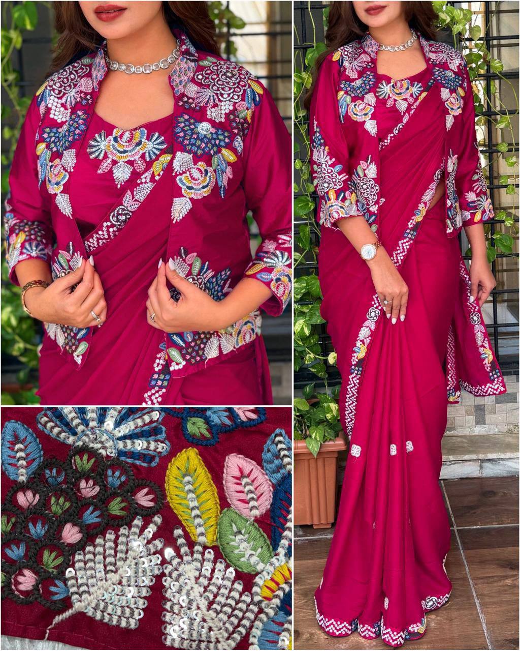 Party Wear Crepe Satin Saree with Embroidery Work – Ready‑to‑Wear Saree, Blouse & Jacket