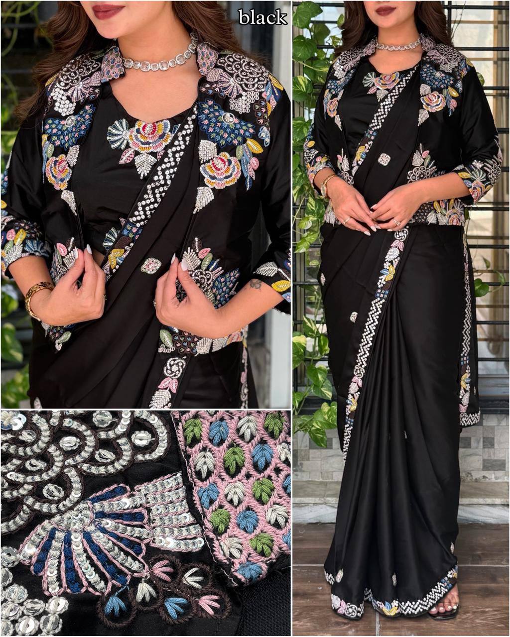 Party Wear Crepe Satin Saree with Embroidery Work – Ready‑to‑Wear Saree, Blouse & Jacket