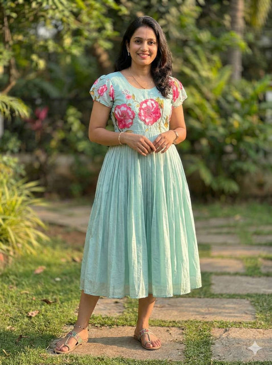 Mul Mul Cotton Gown – Printed with Maggam Work