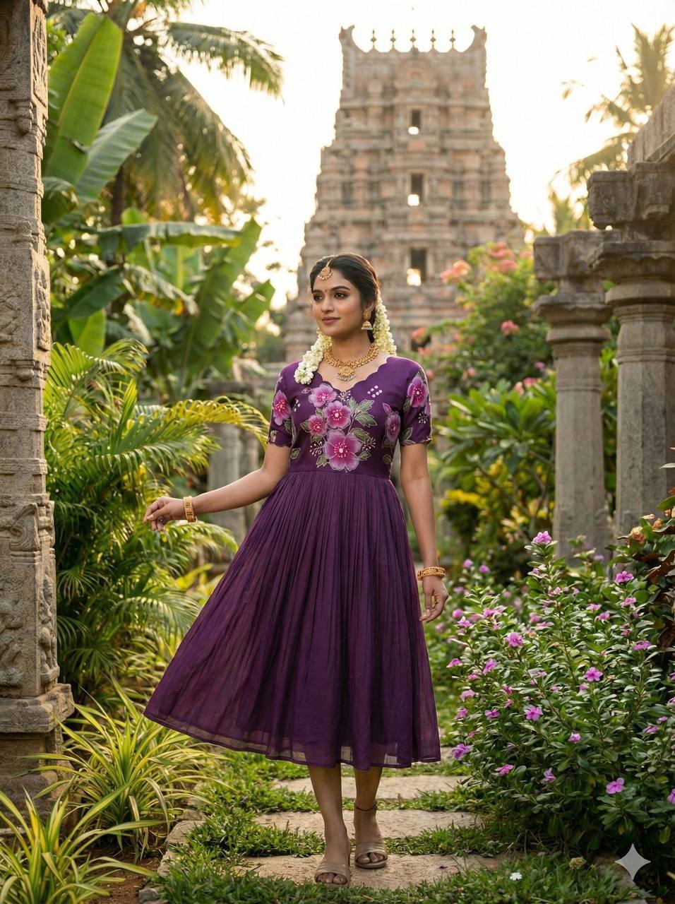 Mul Mul Cotton Gown – Printed with Maggam Work