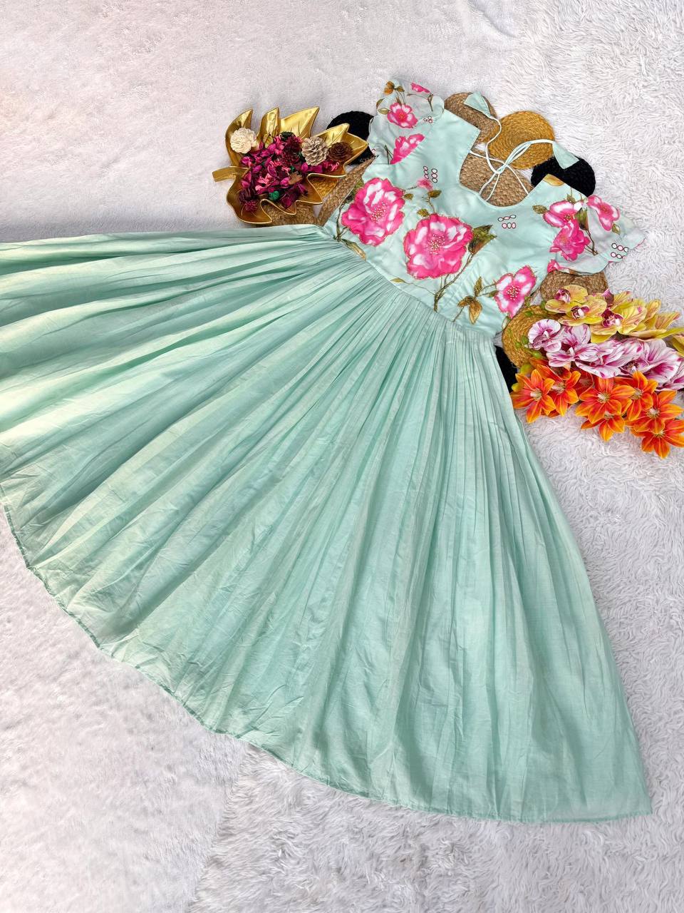 Mul Mul Cotton Gown – Printed with Maggam Work