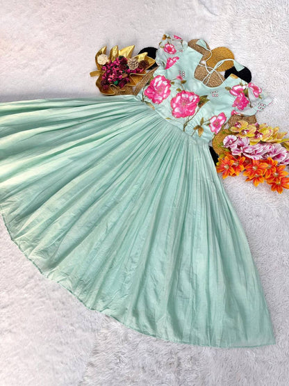 Mul Mul Cotton Gown – Printed with Maggam Work