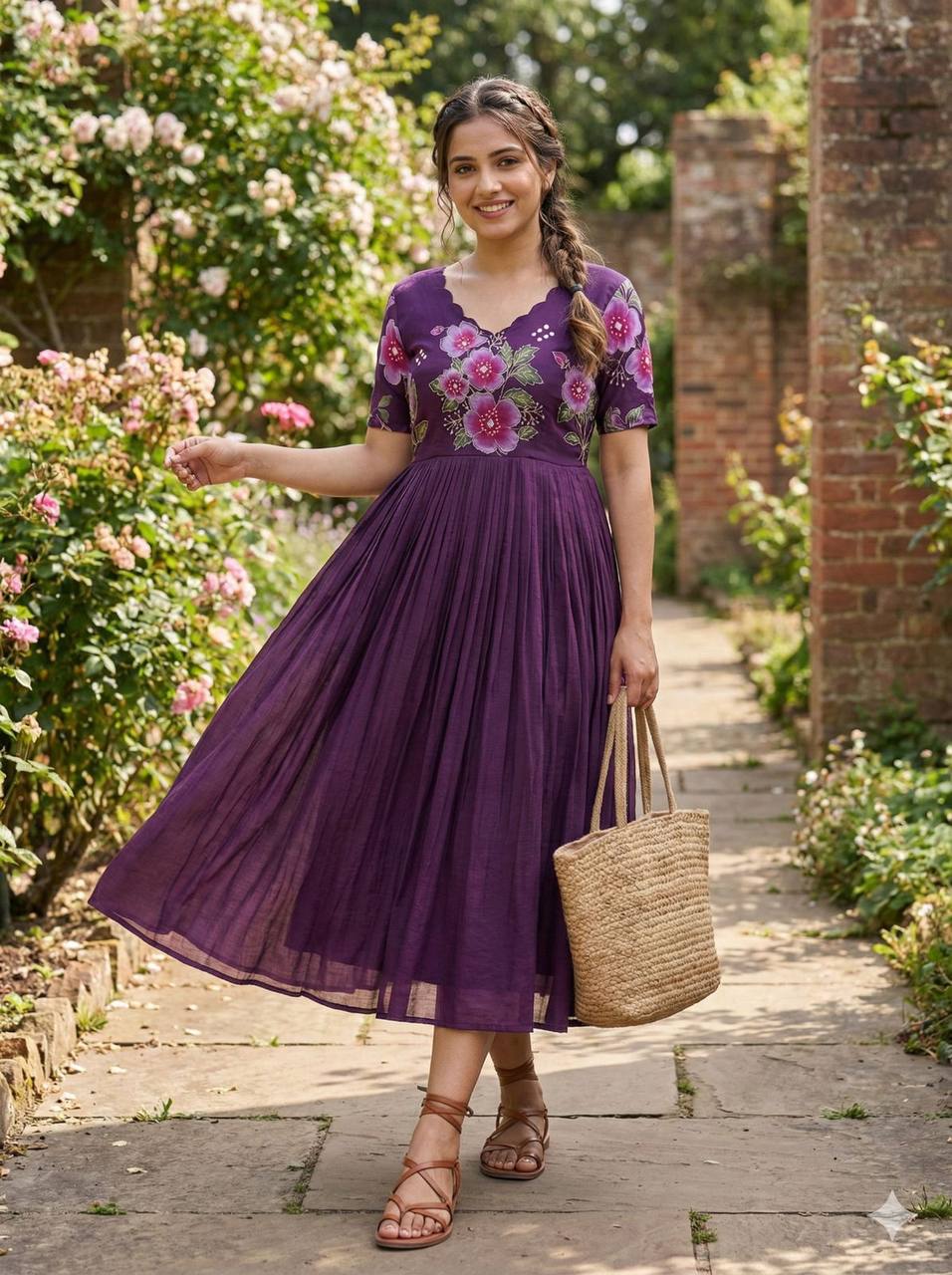 Mul Mul Cotton Gown – Printed with Maggam Work