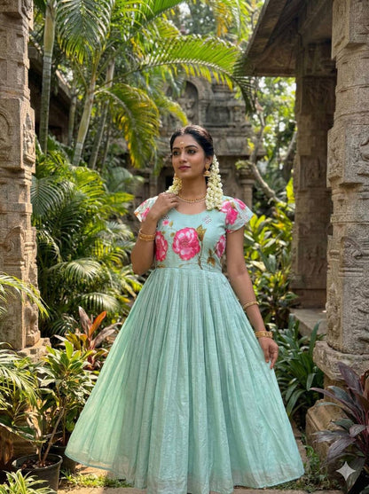 Mul Mul Cotton Gown – Printed with Maggam Work